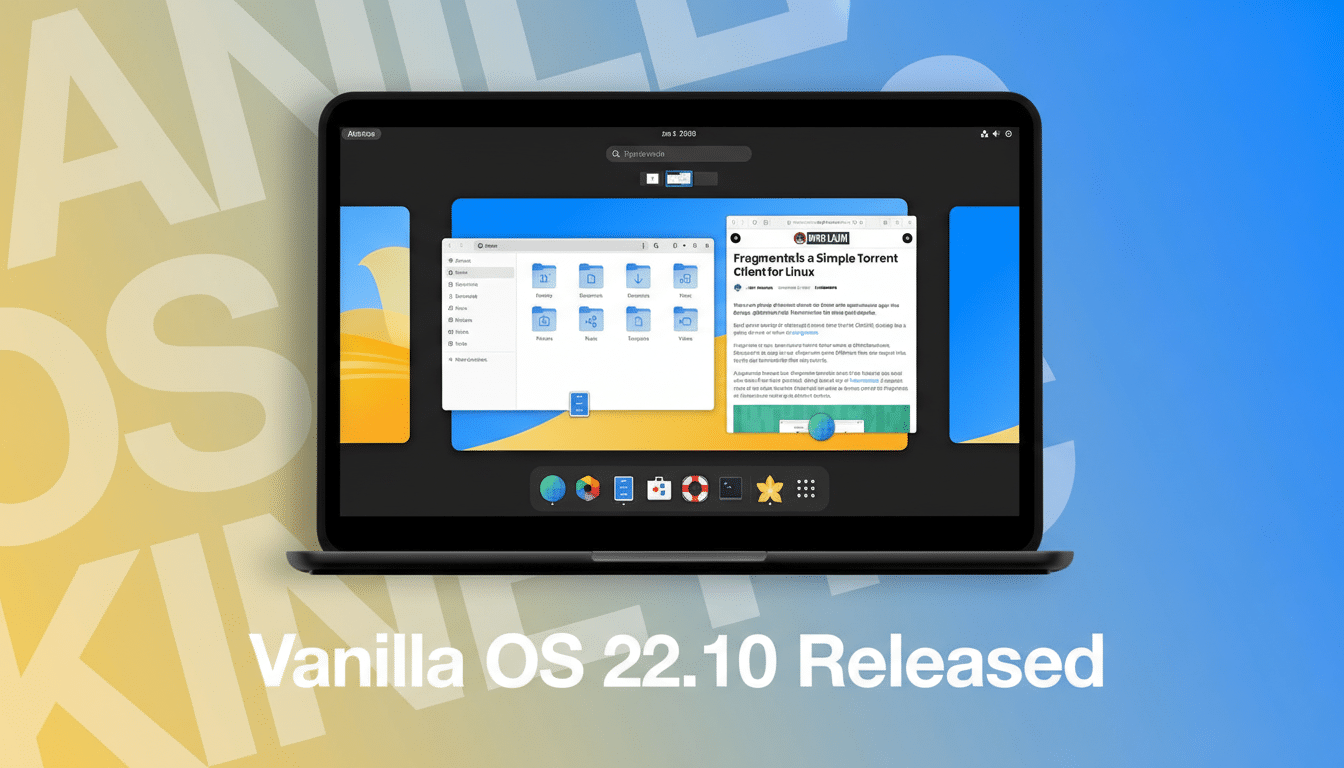 A laptop displaying the Vanilla OS 22.10 desktop with open windows for a file manager and a web browser, set against a blue and yellow background with VANILLA OS text.