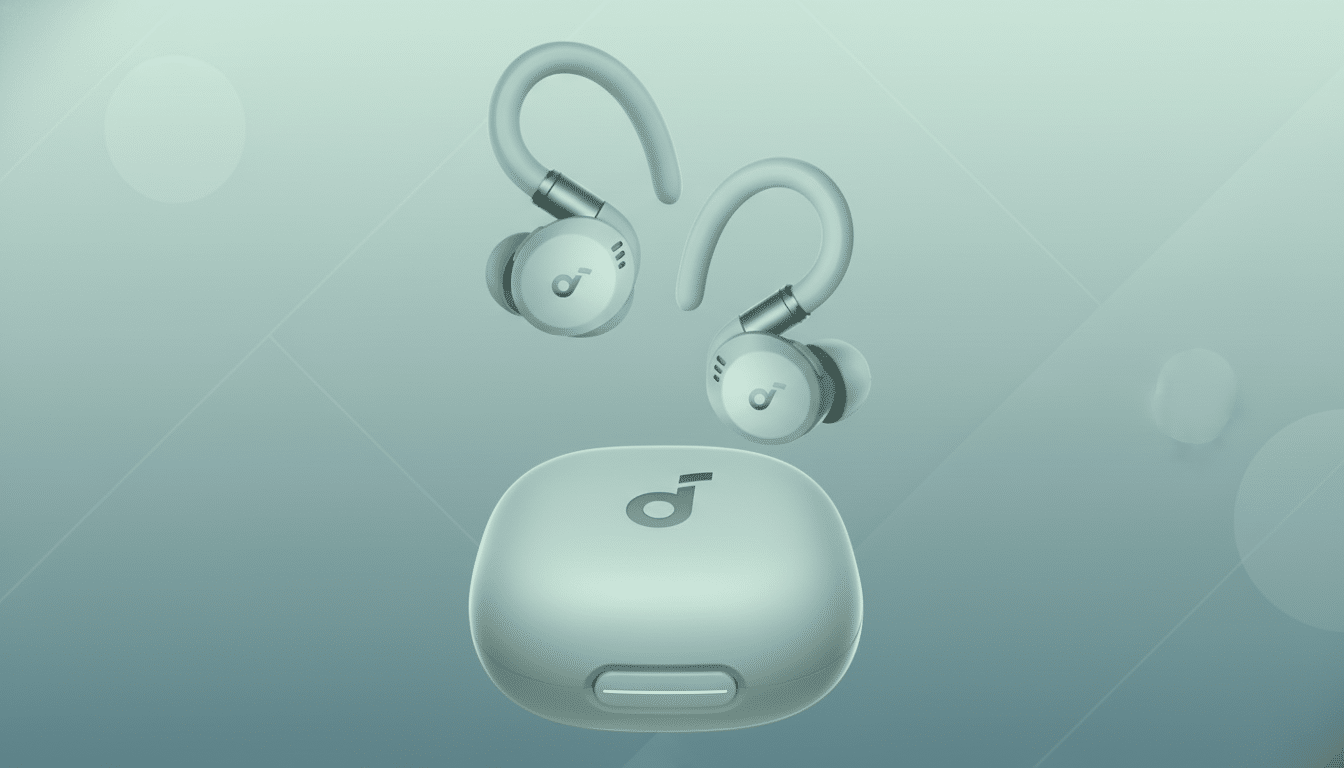 A pair of light green wireless earbuds with ear hooks and their matching charging case, presented on a professional flat design background with soft patterns and gradients.