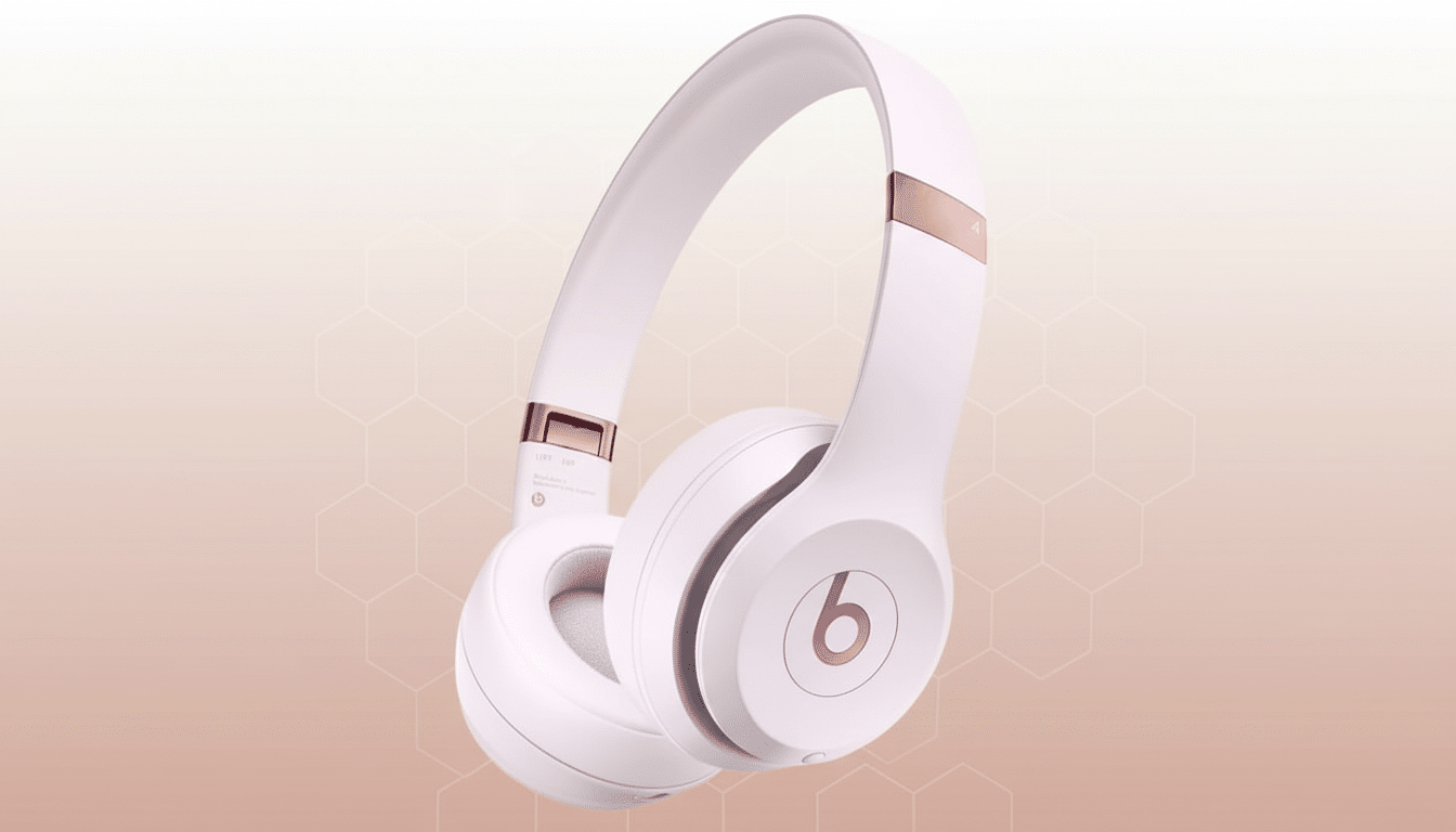 A pair of white and rose gold Beats Solo3 Wireless headphones with a subtle hexagonal pattern background.