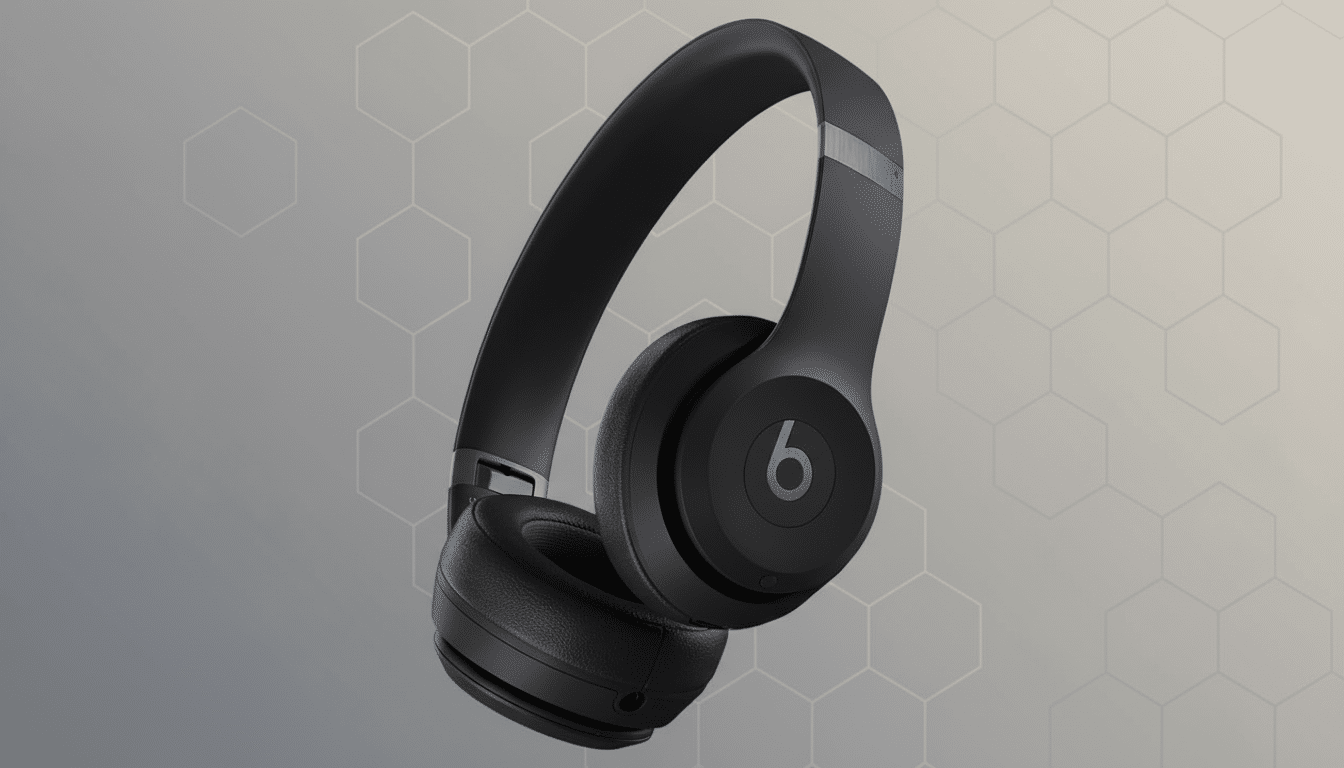A pair of black Beats Solo3 Wireless headphones with a matte finish, featuring the iconic b logo on the earcups, presented on a professional flat design background with subtle hexagonal patterns and a soft gradient.