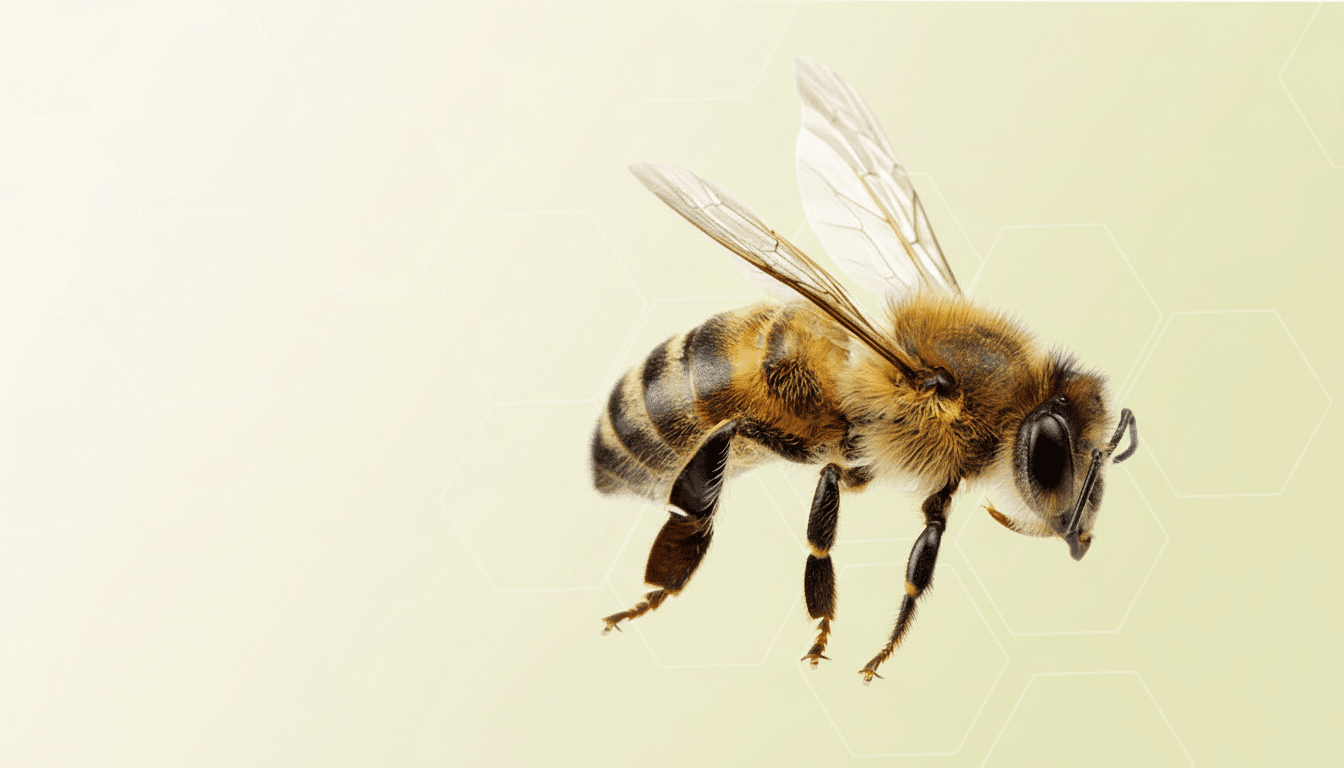 A honey bee with a fuzzy, striped body and translucent wings, set against a soft yellow gradient background with subtle hexagonal patterns.