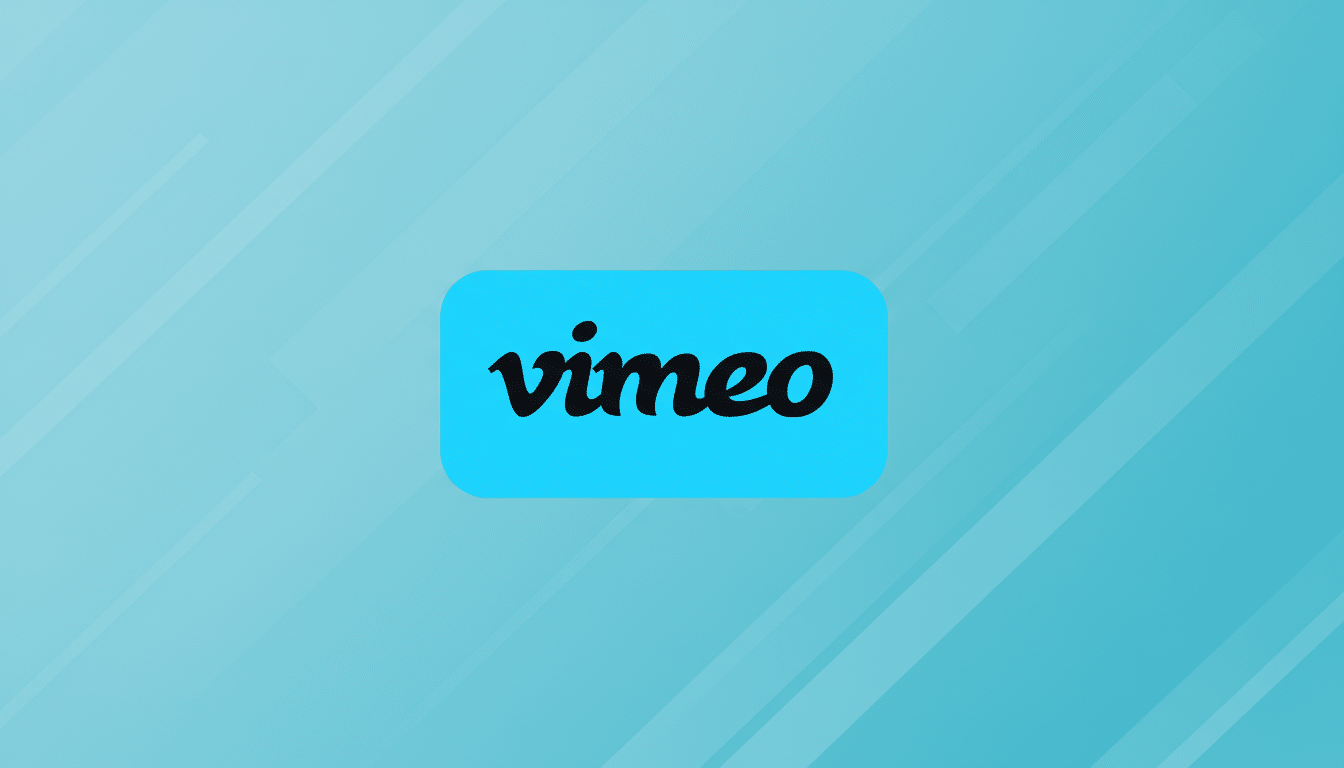 The Vimeo logo, featuring the word vimeo in black lowercase letters on a rounded rectangular turquoise background, is centered on a professional 16:9 aspect ratio background with a soft blue gradient and subtle diagonal line patterns.