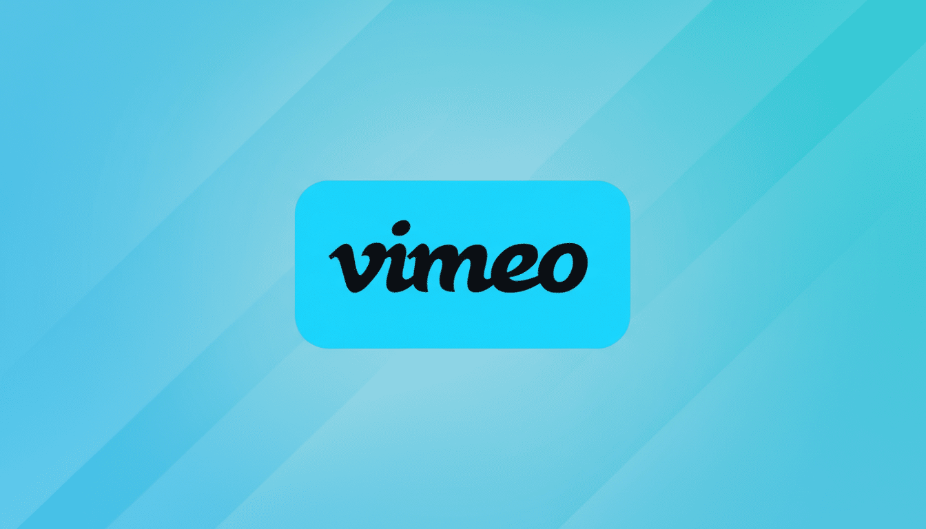 The Vimeo logo, featuring the word vimeo in black lowercase letters, centered on a rounded rectangular light blue background. This is set against a professional 16:9 aspect ratio background with a soft blue gradient and subtle diagonal line patterns.