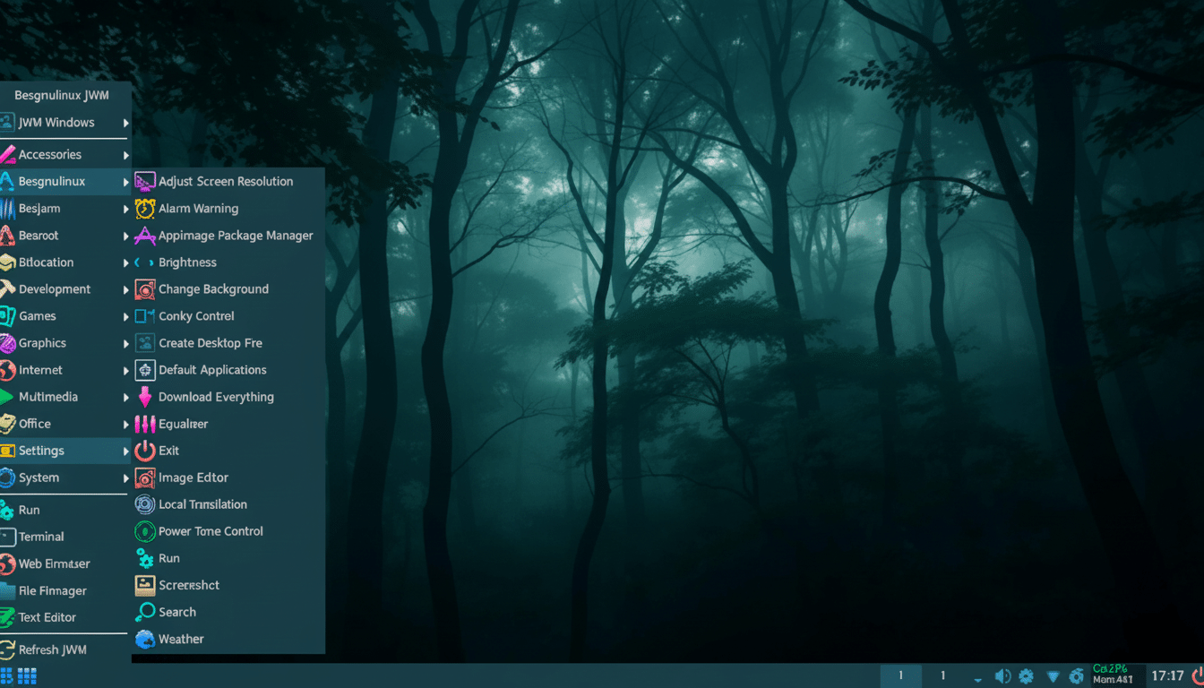 A screenshot of a desktop environment with a dark, misty forest background, displaying a menu on the left side with various application categories and options.