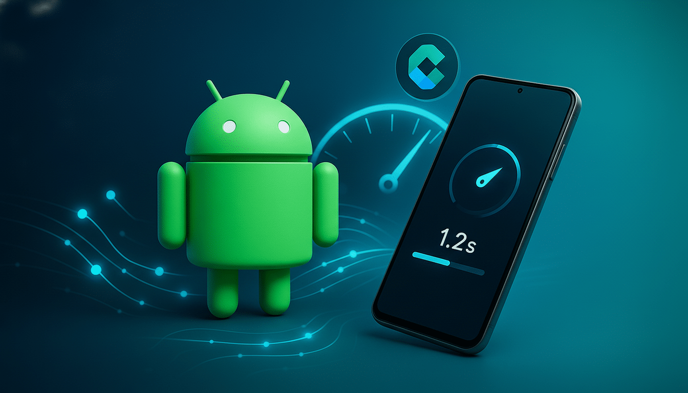 A 16:9 aspect ratio image featuring the Android robot, a smartphone displaying a speed test of 1.2 seconds, and a logo with the letter C in a circle, all set against a dark blue background with glowing circuit-like lines.