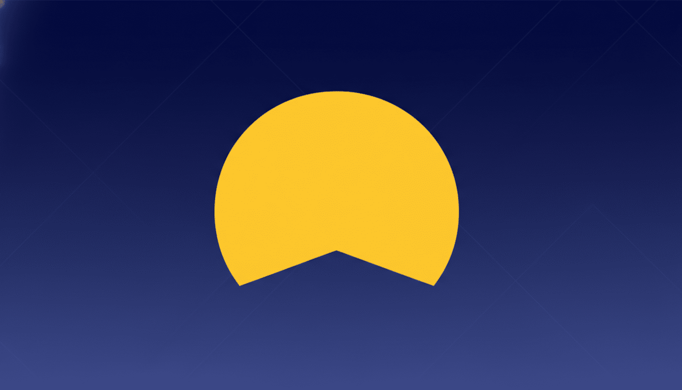 A yellow semi-circle with a triangular cutout at the bottom, set against a dark blue background with subtle diagonal lines.