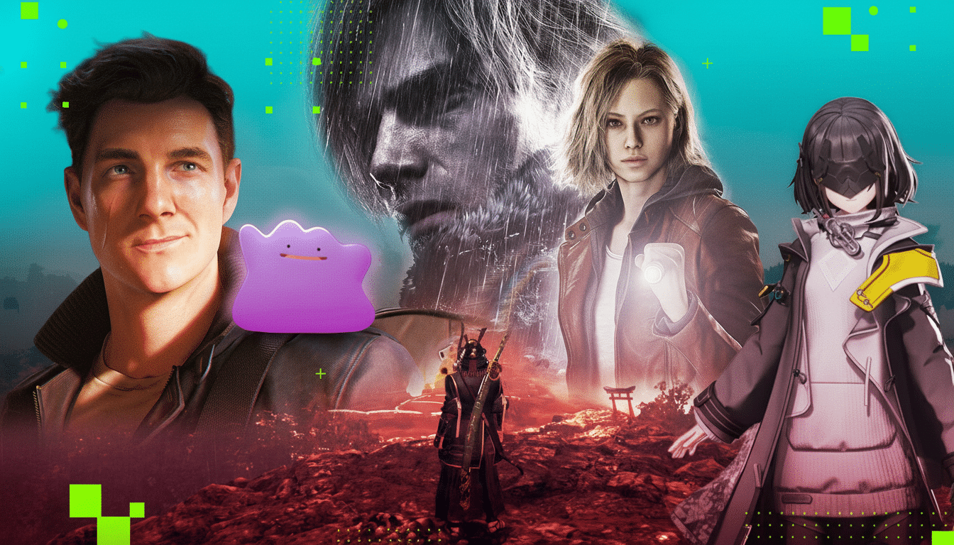 A collage of video game characters, including a man with dark hair, a purple Ditto, a man with long hair, a woman holding a flashlight, a samurai, and a woman in a black and yellow outfit, all set against a teal and red background.