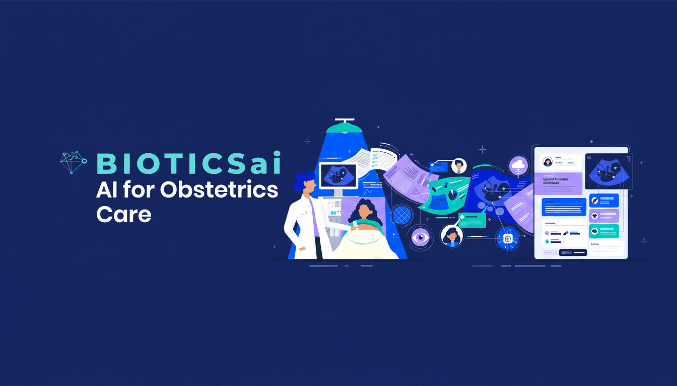 A 16:9 aspect ratio image of BIOTICSai AI for Obstetrics Care with a doctor and patient, surrounded by medical data and icons, on a dark blue background.