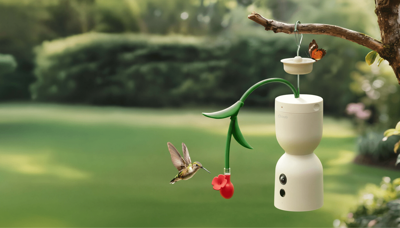 A hummingbird and a butterfly near a smart bird feeder hanging from a tree branch in a lush green garden.