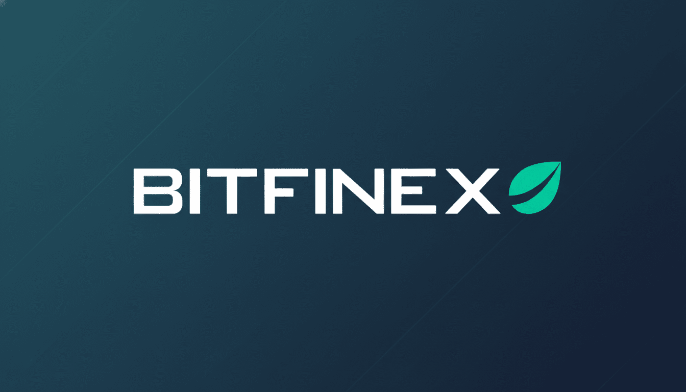 The Bitfinex logo, featuring the word BITFINEX in white capital letters next to a stylized green leaf icon, set against a dark teal background with subtle, soft gradient patterns.