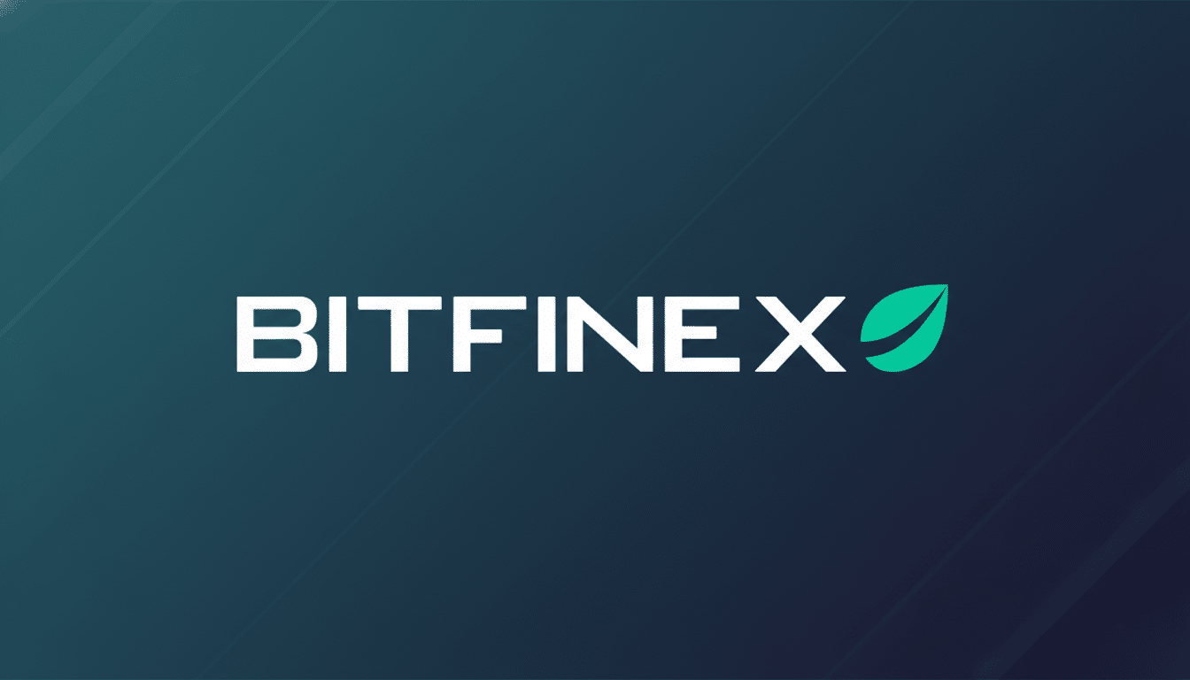 The Bitfinex logo, featuring the word BITFINEX in white capital letters next to a stylized green leaf icon, set against a dark teal background with subtle, soft gradient patterns.