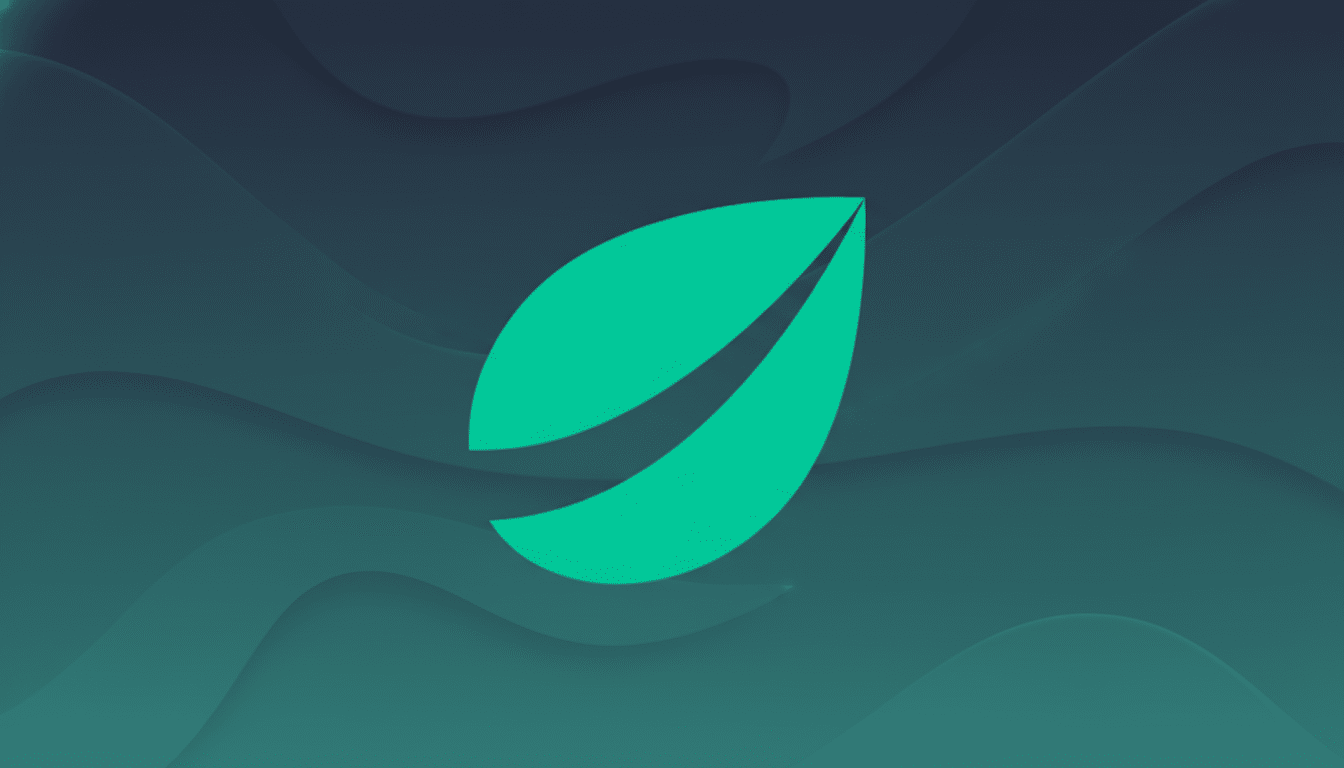 A 16:9 aspect ratio image featuring a teal leaf logo on a dark teal background with subtle, wavy patterns.