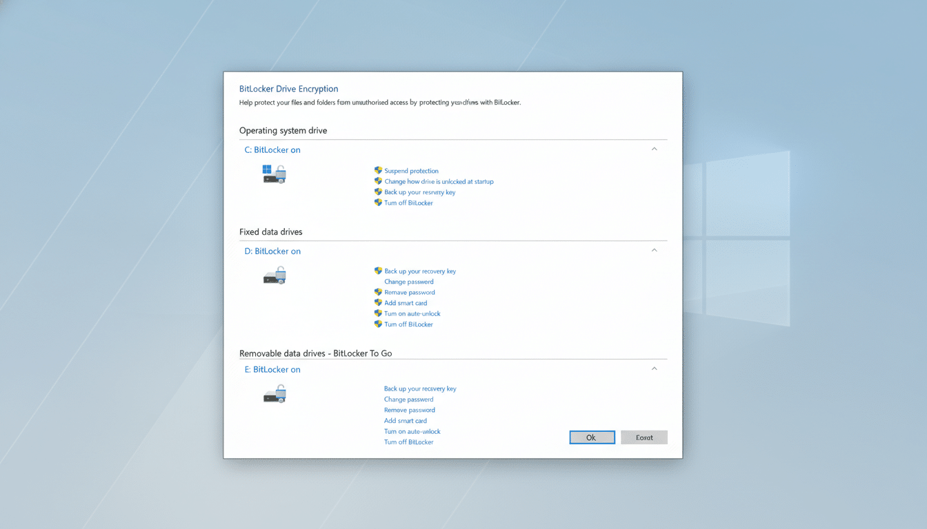 A screenshot of the BitLocker Drive Encryption settings window in Windows, showing options for operating system, fixed, and removable data drives.