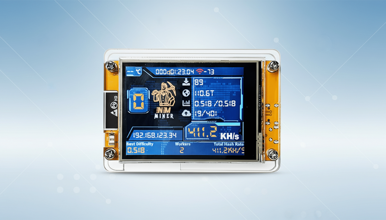 A small, rectangular device with a screen displaying INM MINER and various statistics, including 411.2 KH/s and Total Hash Rate 411.2KH/s, set against a professional blue and white gradient background with subtle geometric patterns.