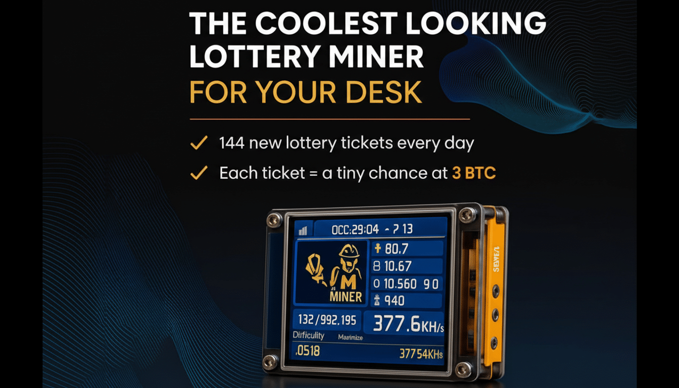 A 16:9 aspect ratio image of a lottery miner device with a screen displaying mining statistics, set against a dark background with blue wavy lines. The text THE COOLEST LOOKING LOTTERY MINER FOR YOUR DESK is at the top, with bullet points below it.