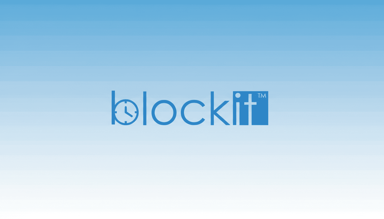 The Blockit logo, featuring the word blockit in blue sans-serif font, with a clock icon replacing the b and a blue square containing a white cross and TM symbol replacing the i and dot, centered on a light blue gradient background.
