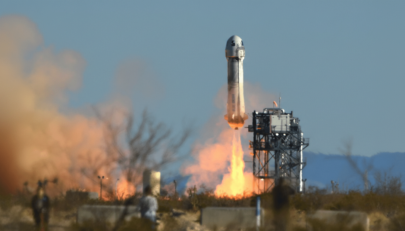 A rocket launching from a desert landscape, with flames and smoke billowing from its base.