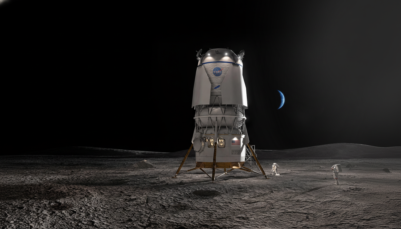 A NASA lunar lander stands on the moons surface with two astronauts nearby, and Earth is visible in the dark sky.