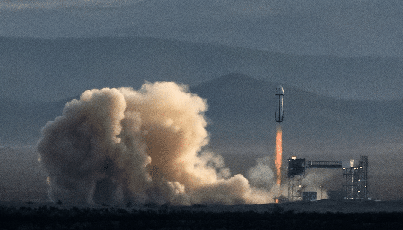 A rocket launching from a desert landscape, with a large plume of smoke and fire.