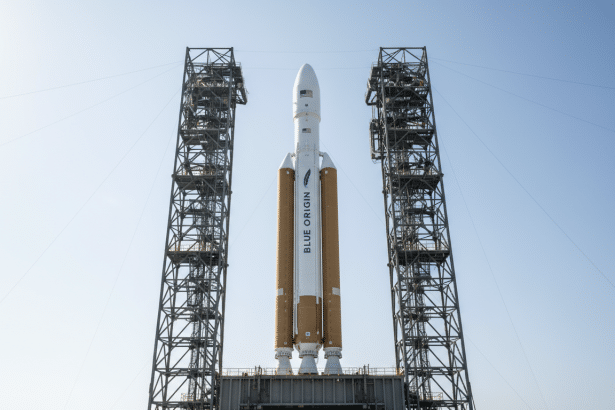 A Blue Origin rocket stands on a launchpad between two tall support towers, under a clear sky.