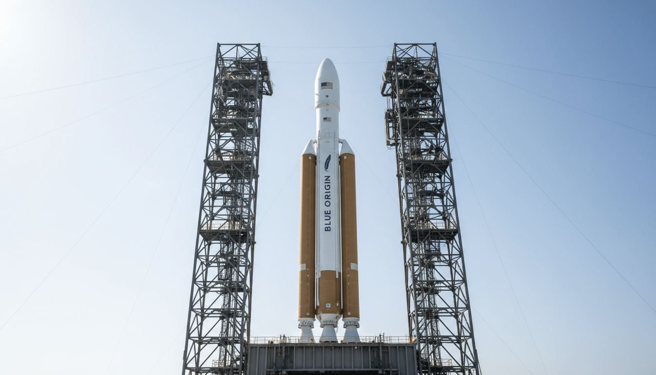 A Blue Origin rocket stands on a launchpad between two tall support towers, under a clear sky.