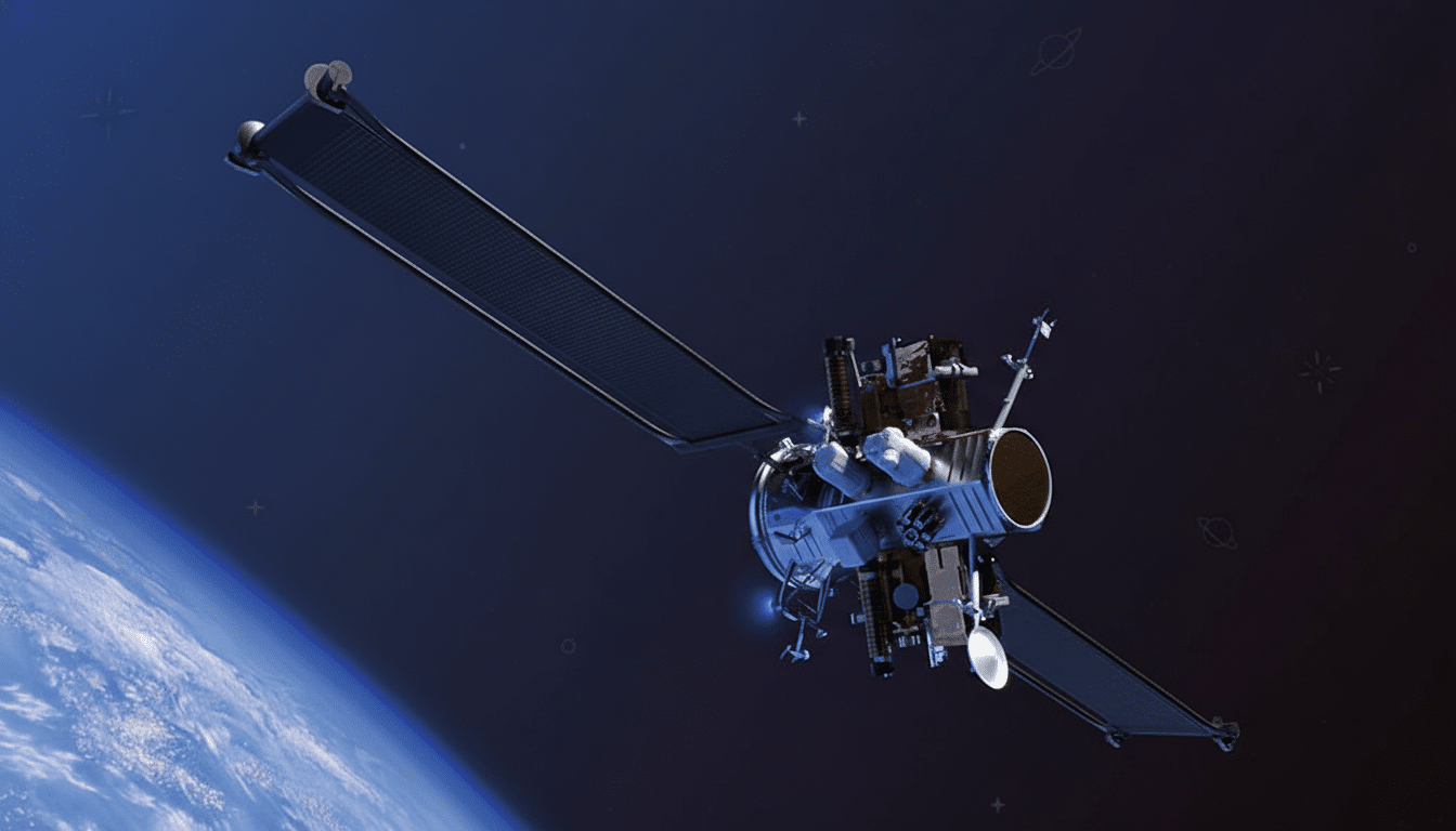 A satellite with large solar panels orbiting above Earth, set against a dark blue background with subtle star and planet patterns.