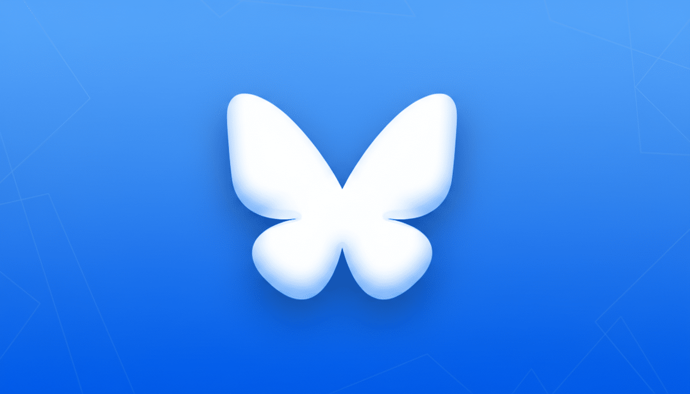 A white, soft-edged butterfly icon centered on a blue background with subtle geometric patterns, resized to a 16:9 aspect ratio.