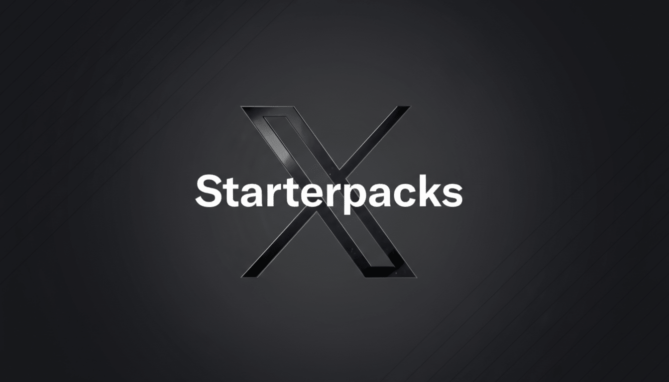The word Starterpacks in white text is centered over a stylized, metallic X logo. The background is a professional flat design with soft, dark gray diagonal patterns.