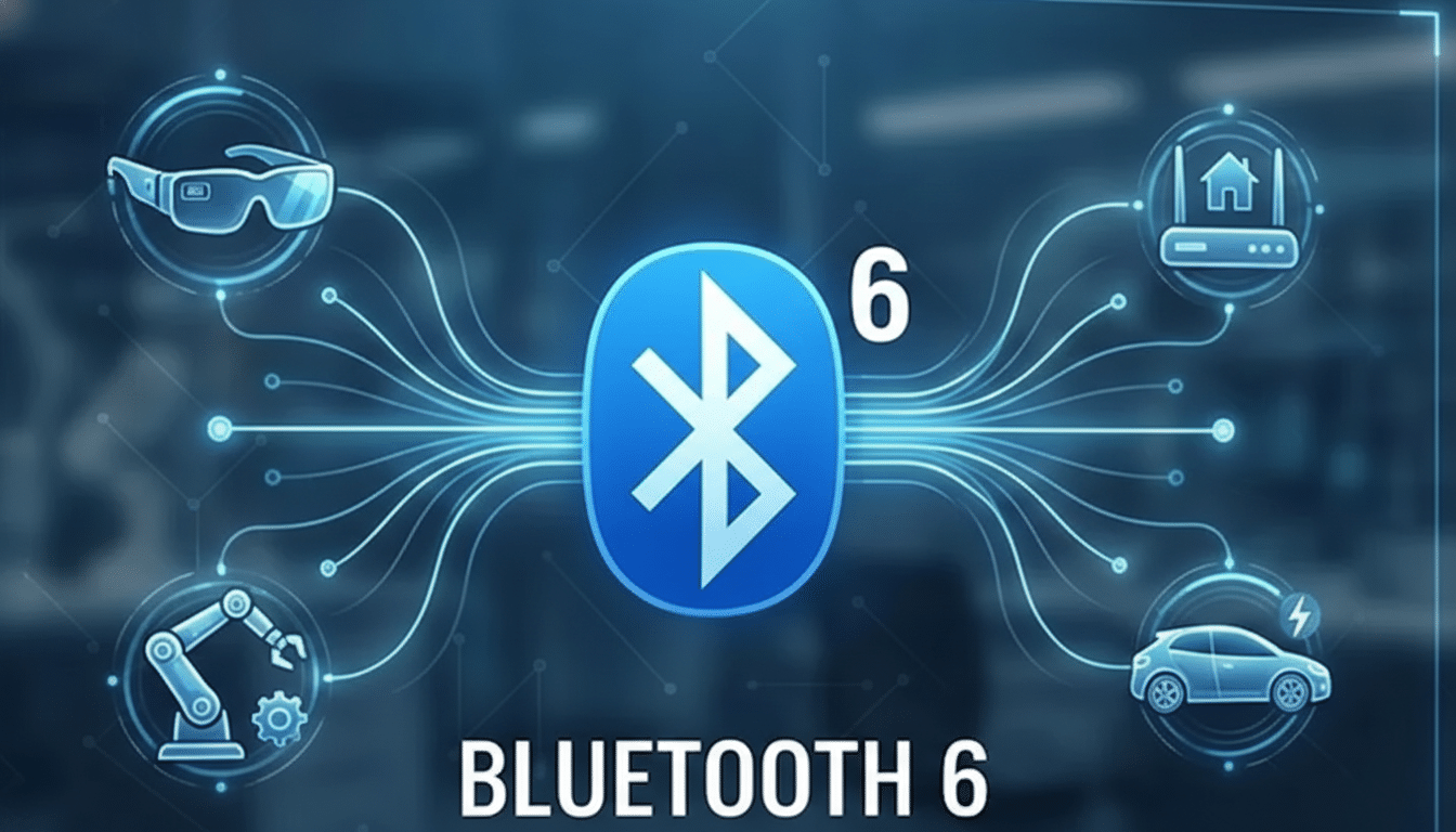 A blue and white graphic displaying the Bluetooth 6 logo at the center, surrounded by icons representing various connected devices like smart glasses, a home router, a car, and a robotic arm, all linked by glowing lines.