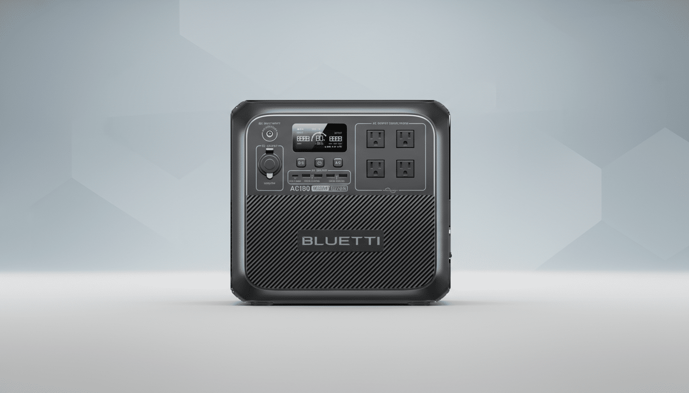 A professional, enhanced image of a BLUETTI AC180 portable power station, presented on a clean, soft gradient background.