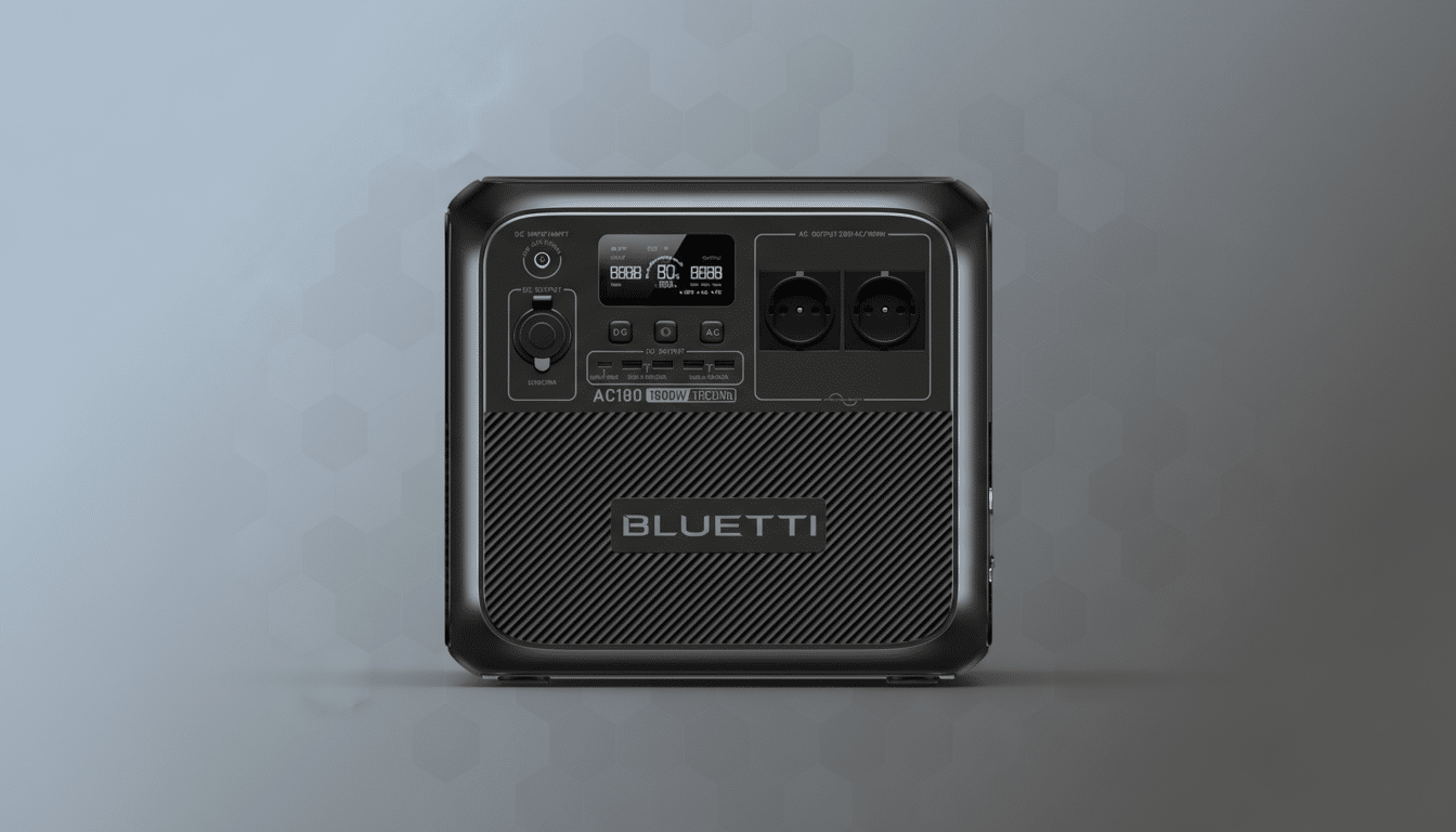 A Bluetti AC180 portable power station is centered on a professional flat design background with soft gray patterns.