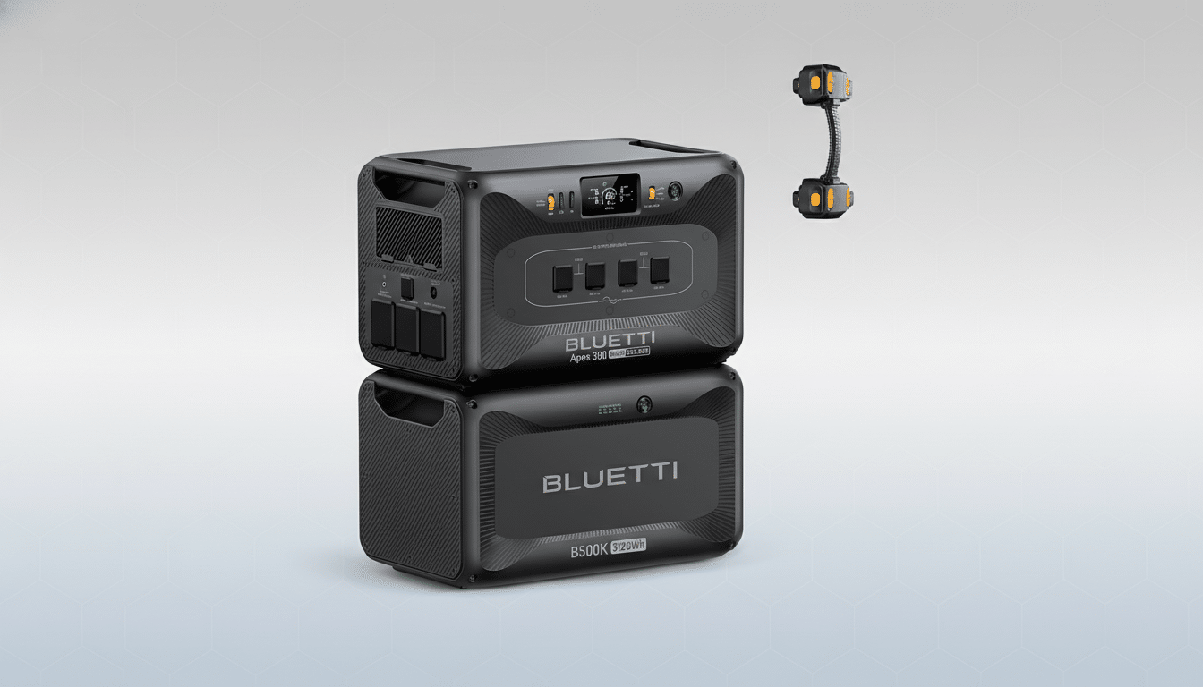 A professional image of a BLUETTI Apex 300 portable power station stacked on a BLUETTI B500K 5120Wh battery, with a flexible LED light accessory, all presented on a clean, light gray background with subtle geometric patterns.