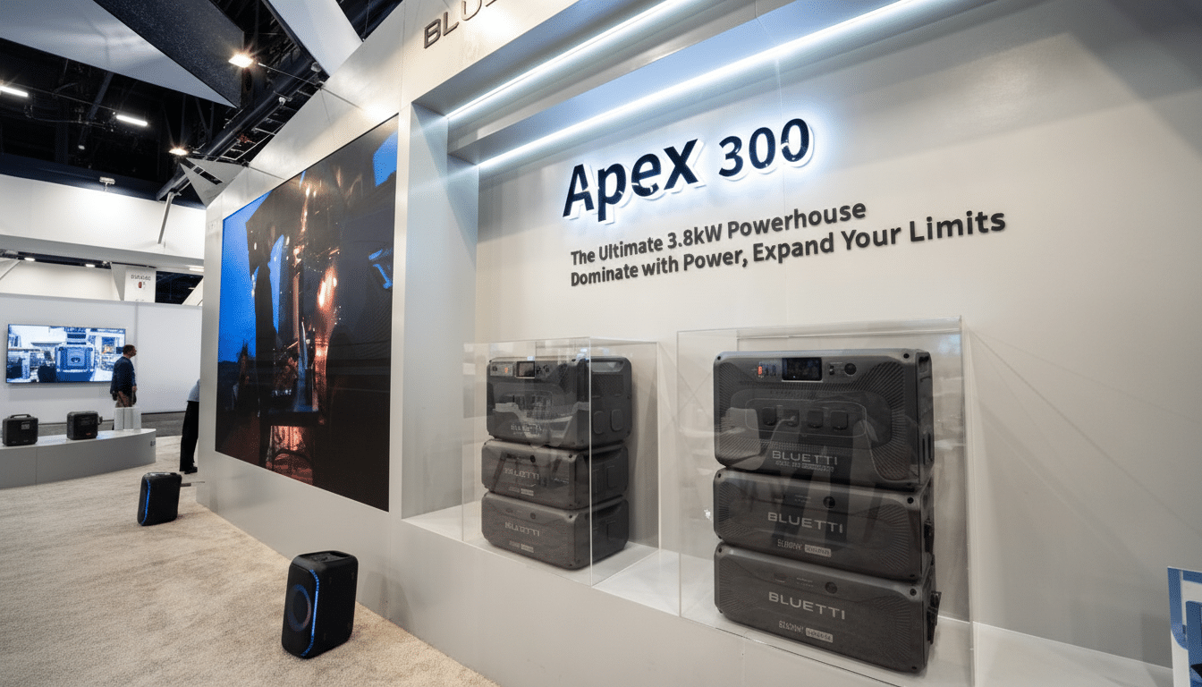 A wide shot of a Bluetti booth at a trade show, featuring the Apex 300 powerhouses displayed in clear cases and a large screen showing a promotional video.