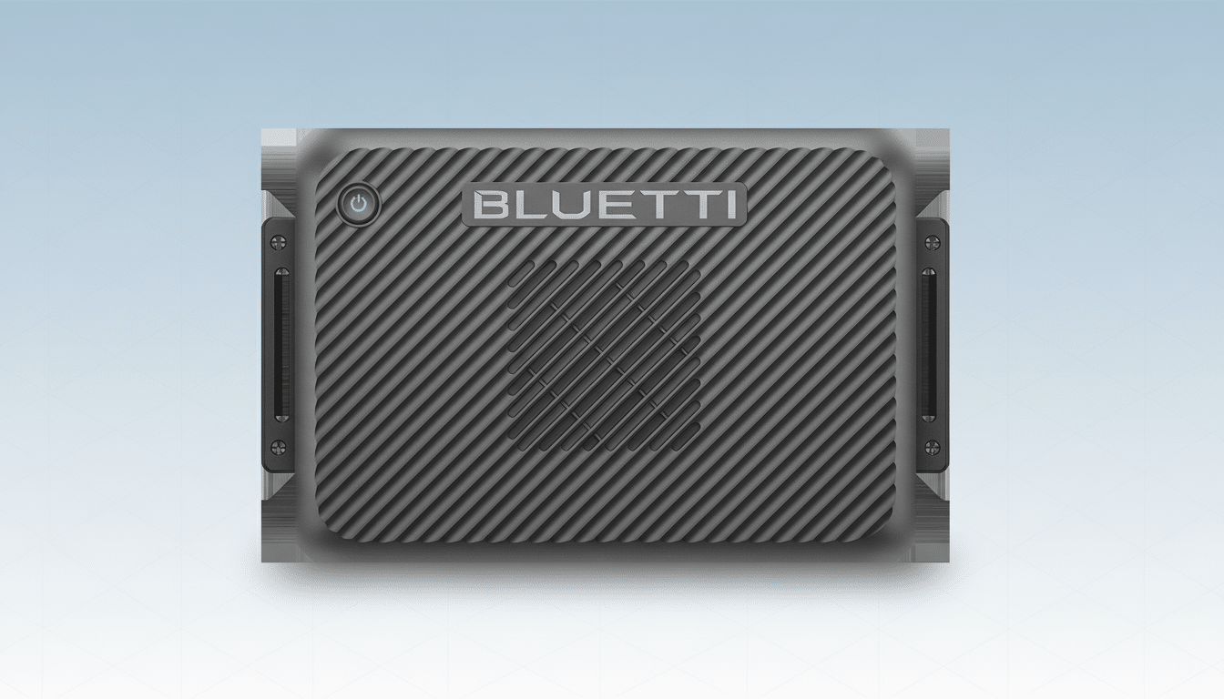 A gray Bluetti power station with a textured top surface and a green power button, set against a professional light blue gradient background.