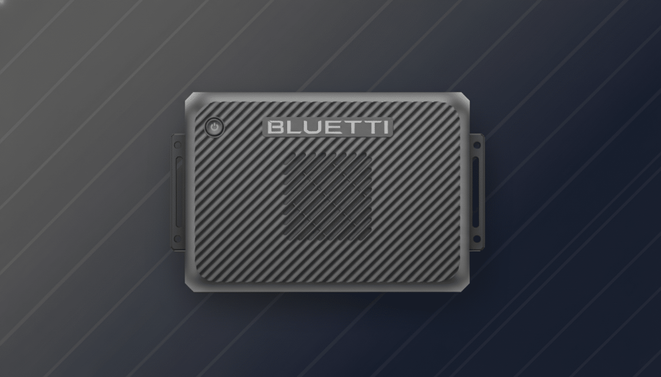 A Bluetti power inverter with a textured gray casing and a green power button, set against a professional flat design background with soft diagonal patterns and a gradient from dark to light gray.
