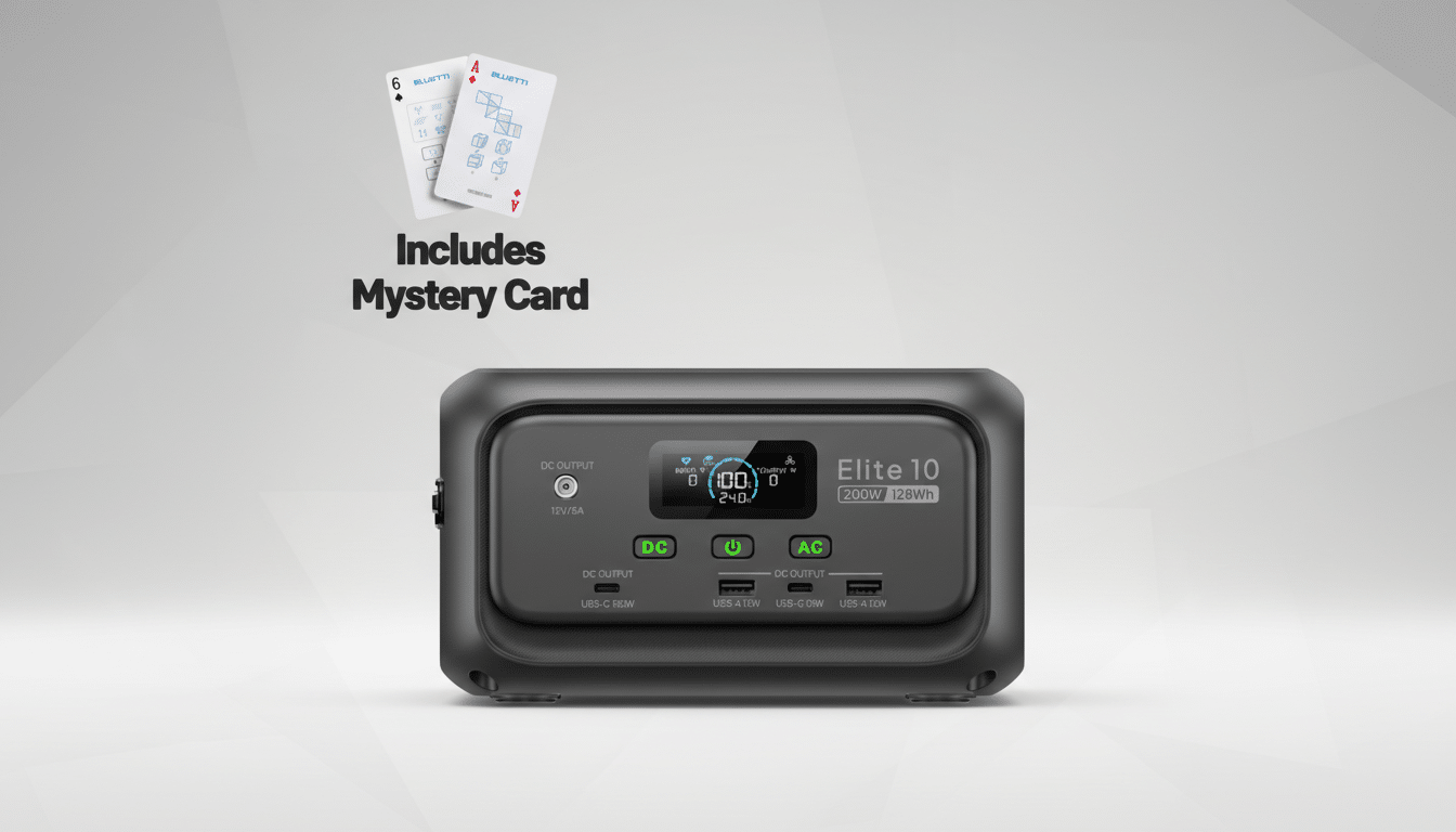 A Bluetti Elite 10 portable power station with two playing cards and the text Includes Mystery Card above it, set against a professional flat design background with a soft gradient.