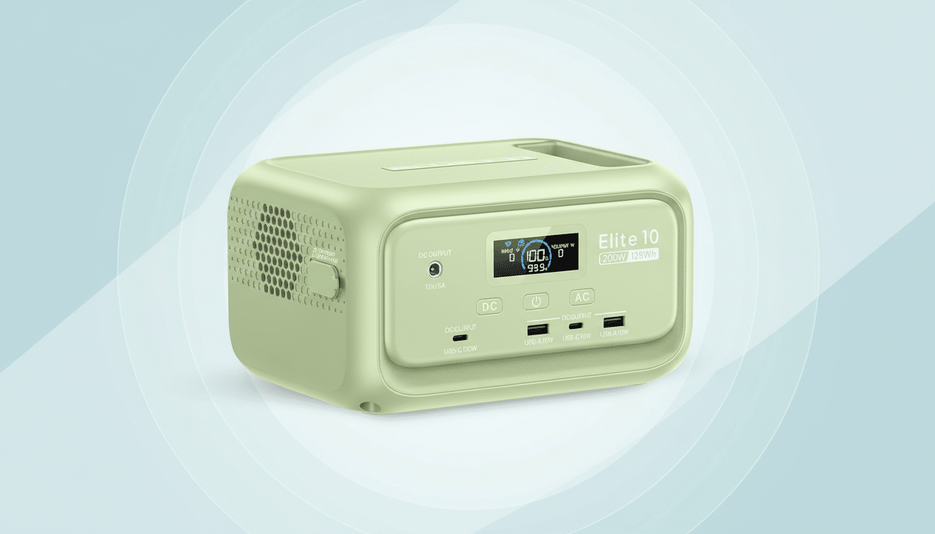 A light green portable power station with multiple ports and a digital display, set against a professional light blue and white gradient background with subtle circular patterns.