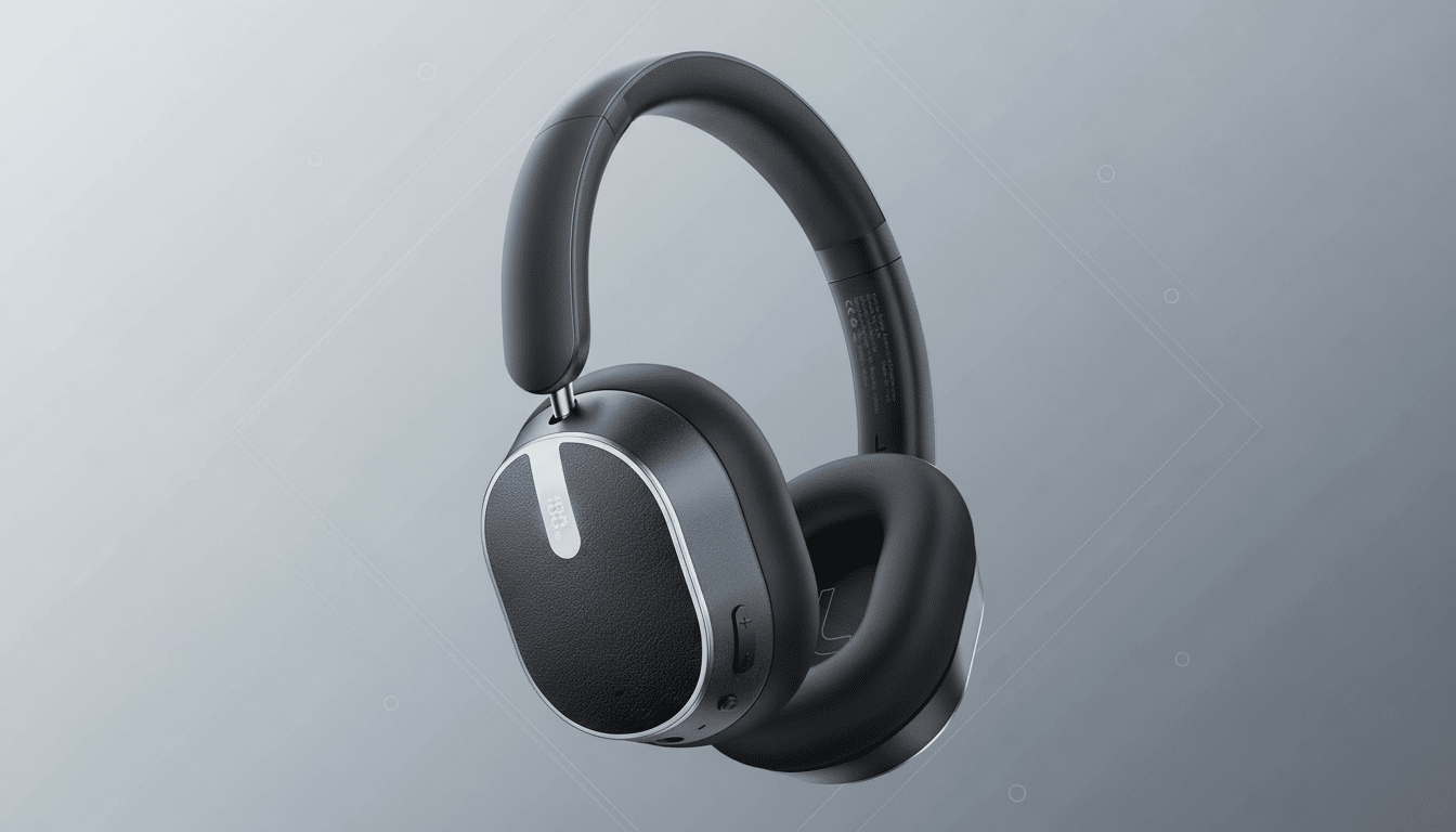 A pair of black over-ear headphones with a silver trim and a glowing purple display on the left earcup, presented on a professional flat design background with soft patterns.