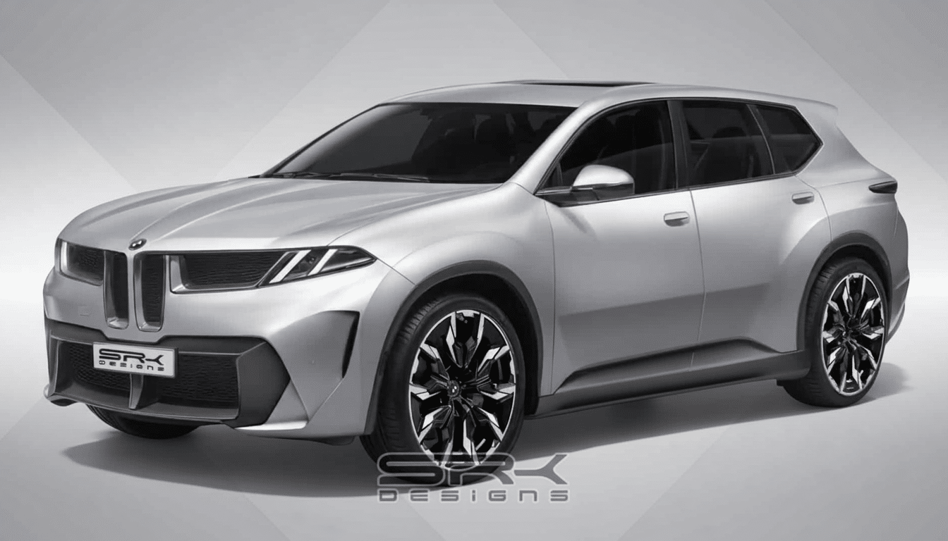 A silver BMW SUV concept car with a distinctive front grille and black multi-spoke wheels, presented against a neutral gray background.