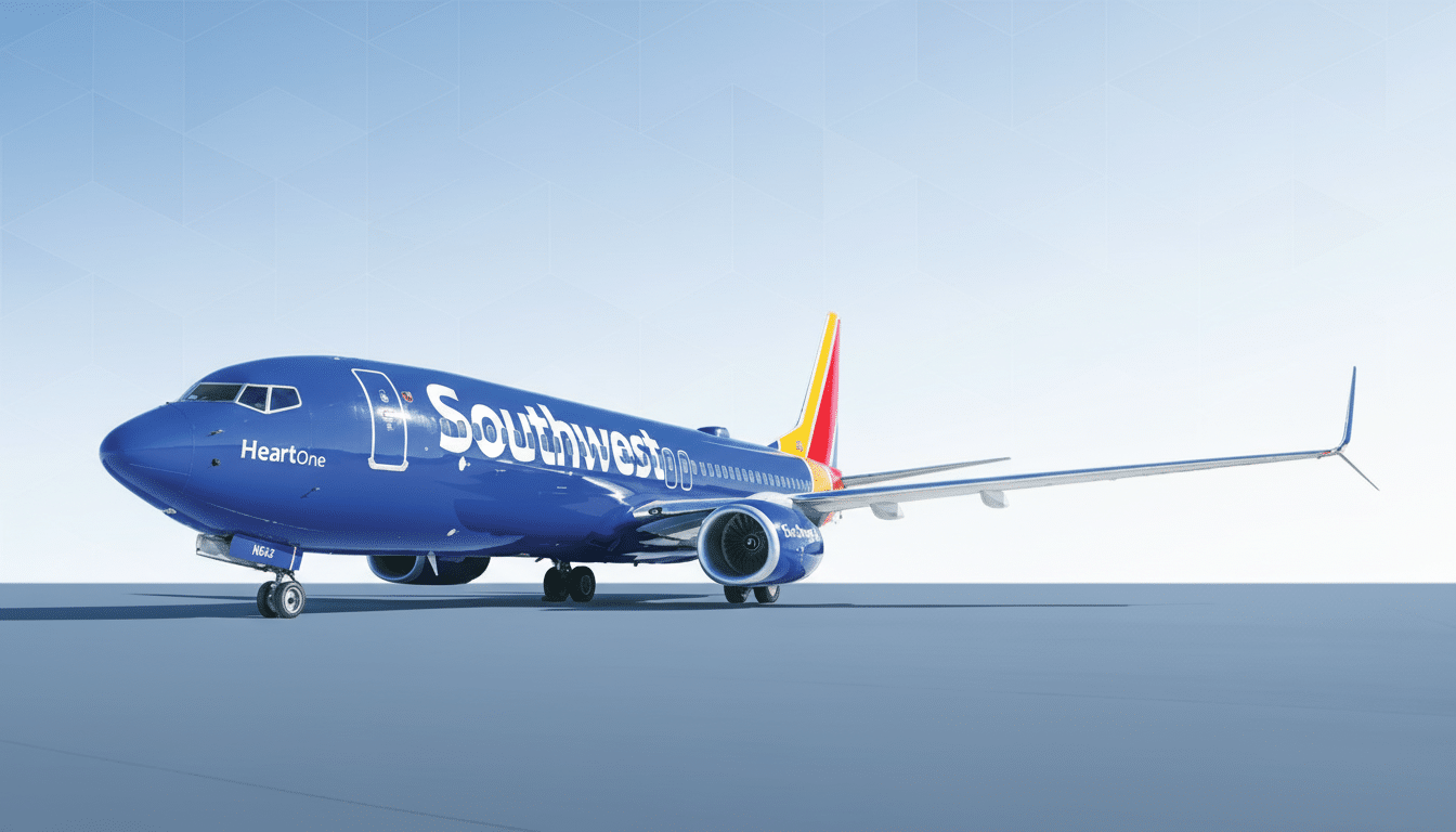 A blue Southwest Airlines Boeing 737 aircraft with Heart One livery, parked on a tarmac with a subtle gradient background.
