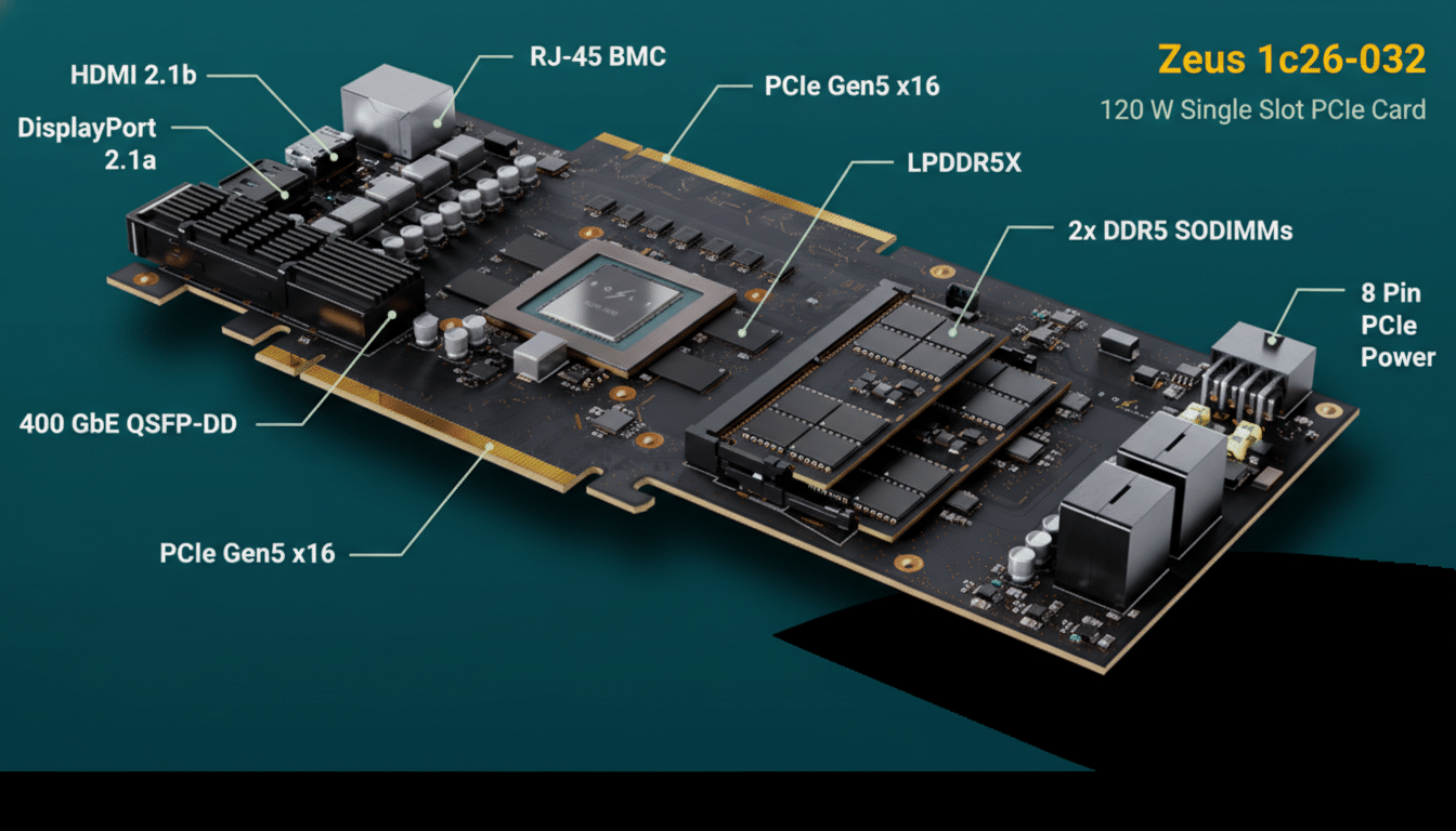 A professional image of a Zeus 1c26-032 120W Single Slot PCIe Card, showcasing its various components and ports, including HDMI 2.1b, DisplayPort 2.1a, RJ-45 BMC, PCIe Gen5 x16, LPDDR5X, 2x DDR5 SODIMMs, 8 Pin PCIe Power, and 400 GbE QSFP-DD. The card is presented against a clean, dark teal background with subtle gradients.