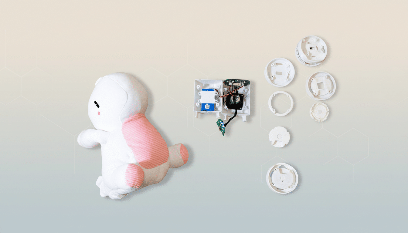 A white plush toy with pink accents, an open electronic device with internal components, and several white plastic circular parts are arranged on a professional flat design background with soft patterns and gradients.