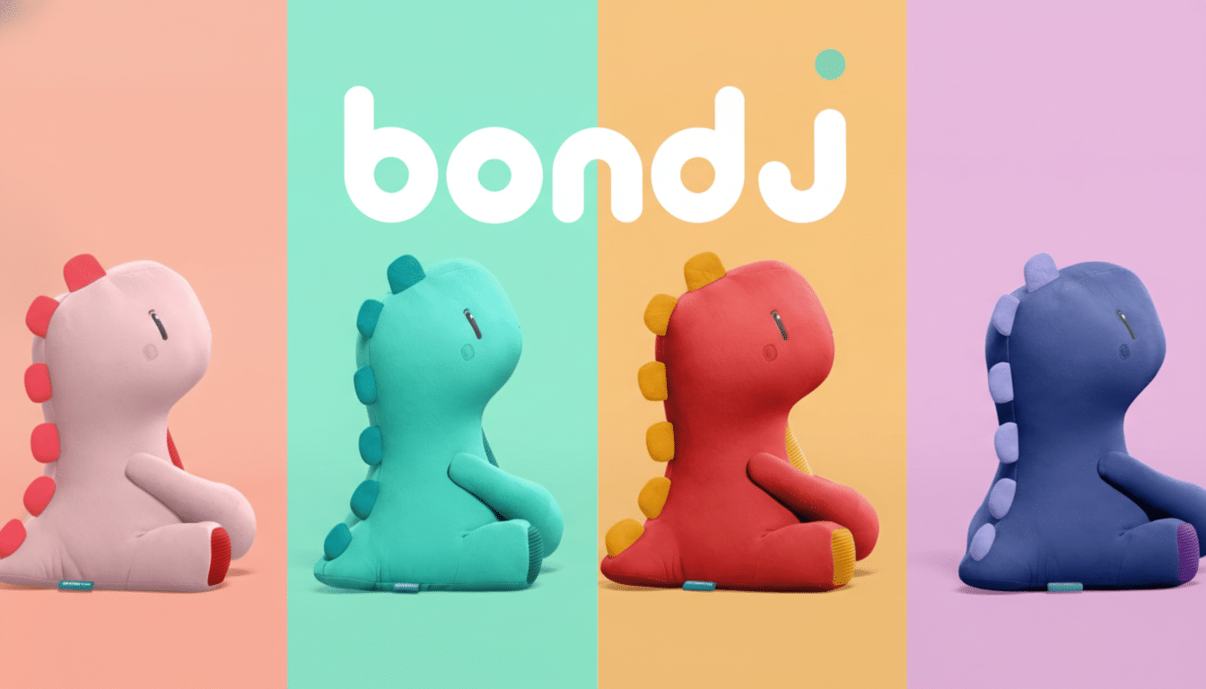 Four Bondj dinosaur plush toys in pink, teal, red, and blue, each on a corresponding pastel background, with the white bondj logo in the upper center.