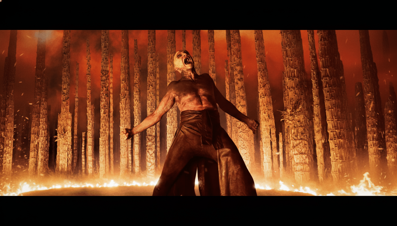 A pale, bald figure with an open mouth and outstretched arms stands in a fiery landscape with tall, dark structures.
