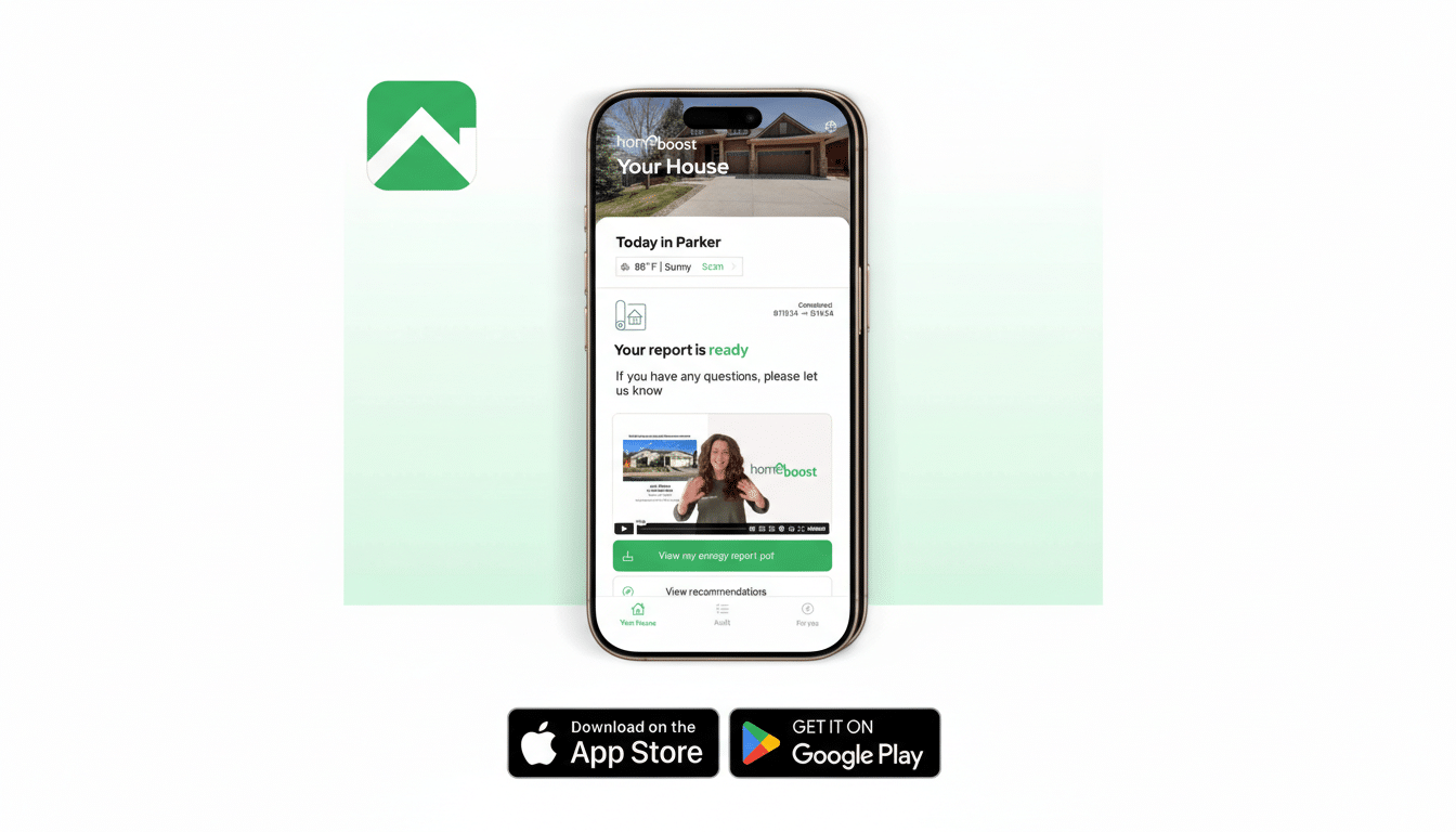 A smartphone displaying the Homeboost app, an app icon, and app store download buttons, all set against a clean white background.