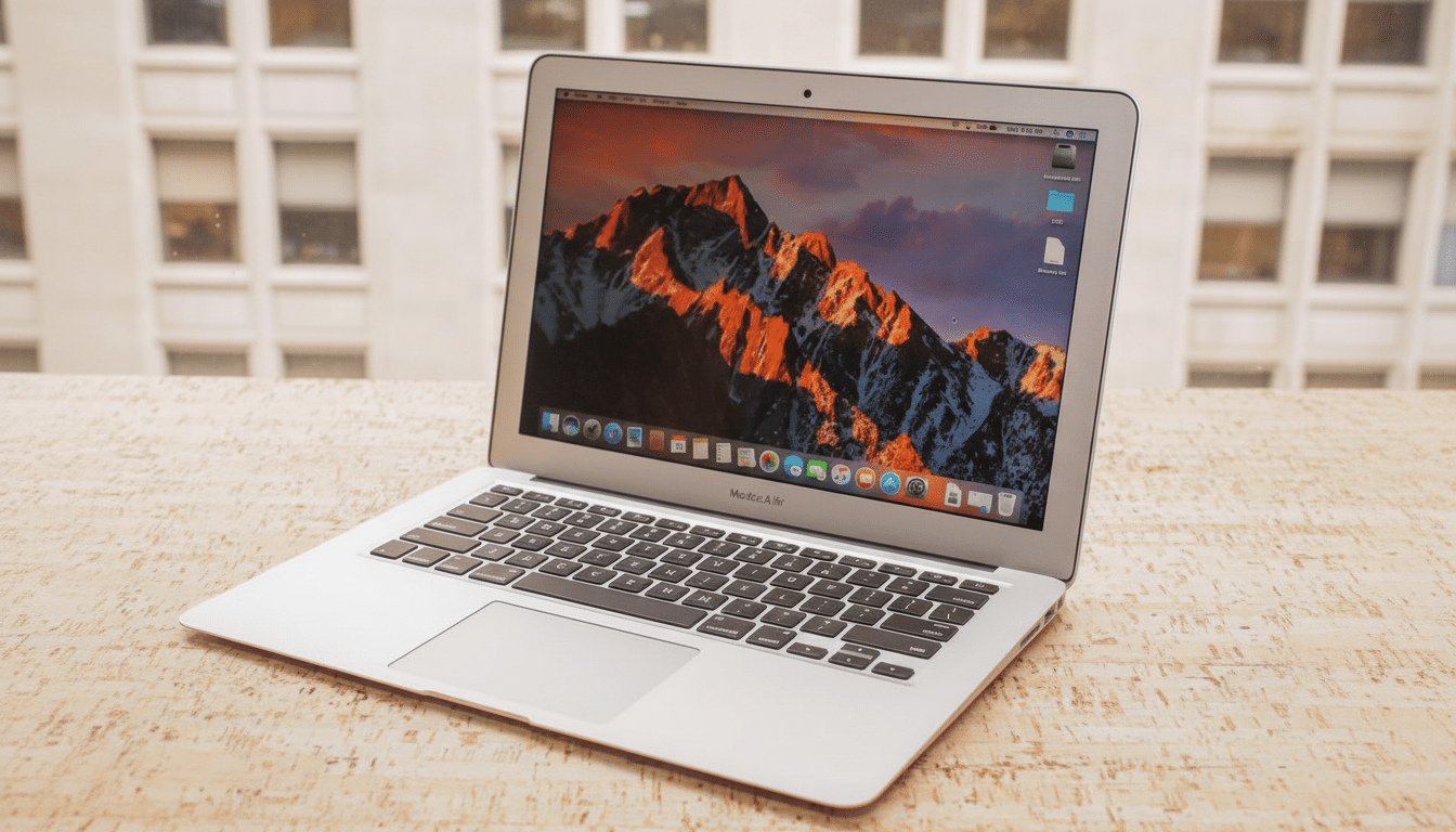 A silver MacBook Air laptop is open on a light brown textured surface, with a window showing a building in the background. The laptop screen displays a mountain range with a sunset glow.