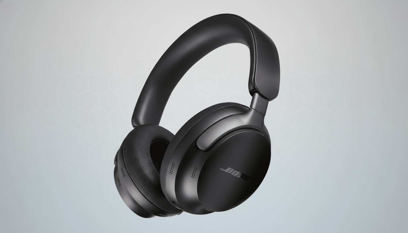 A pair of black Bose noise-cancelling headphones on a professional flat design background with soft patterns.
