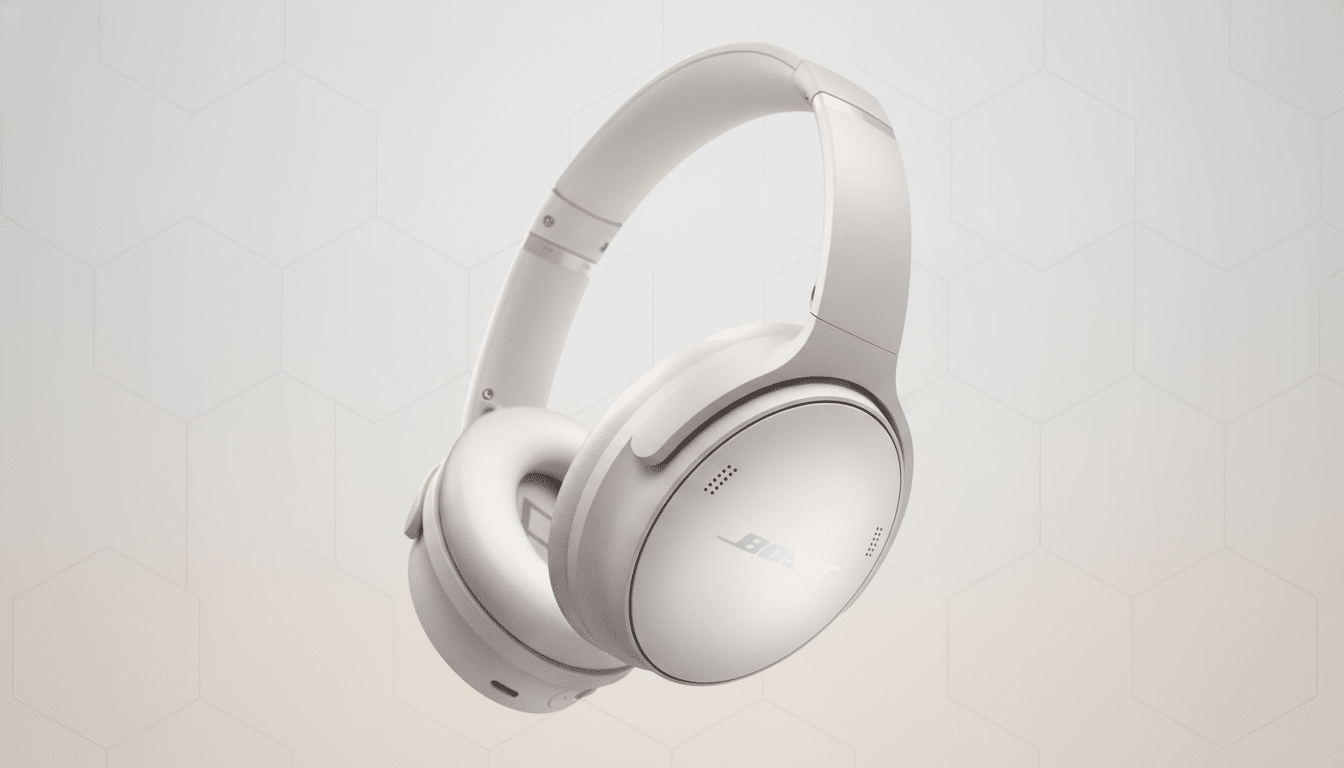 A pair of white Bose noise-cancelling headphones on a light gray background with a subtle hexagonal pattern.