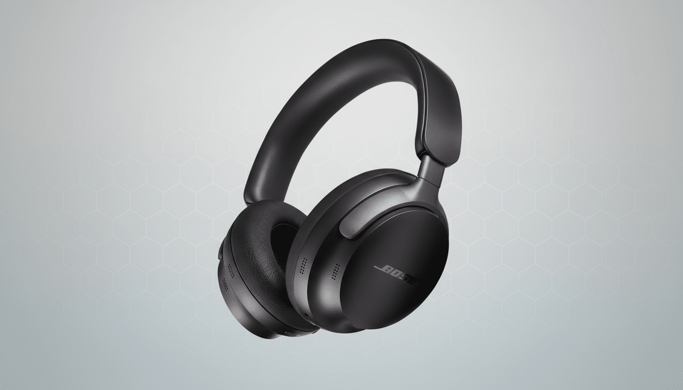 A pair of black Bose noise-cancelling headphones on a professional light gray background with a subtle hexagonal pattern.