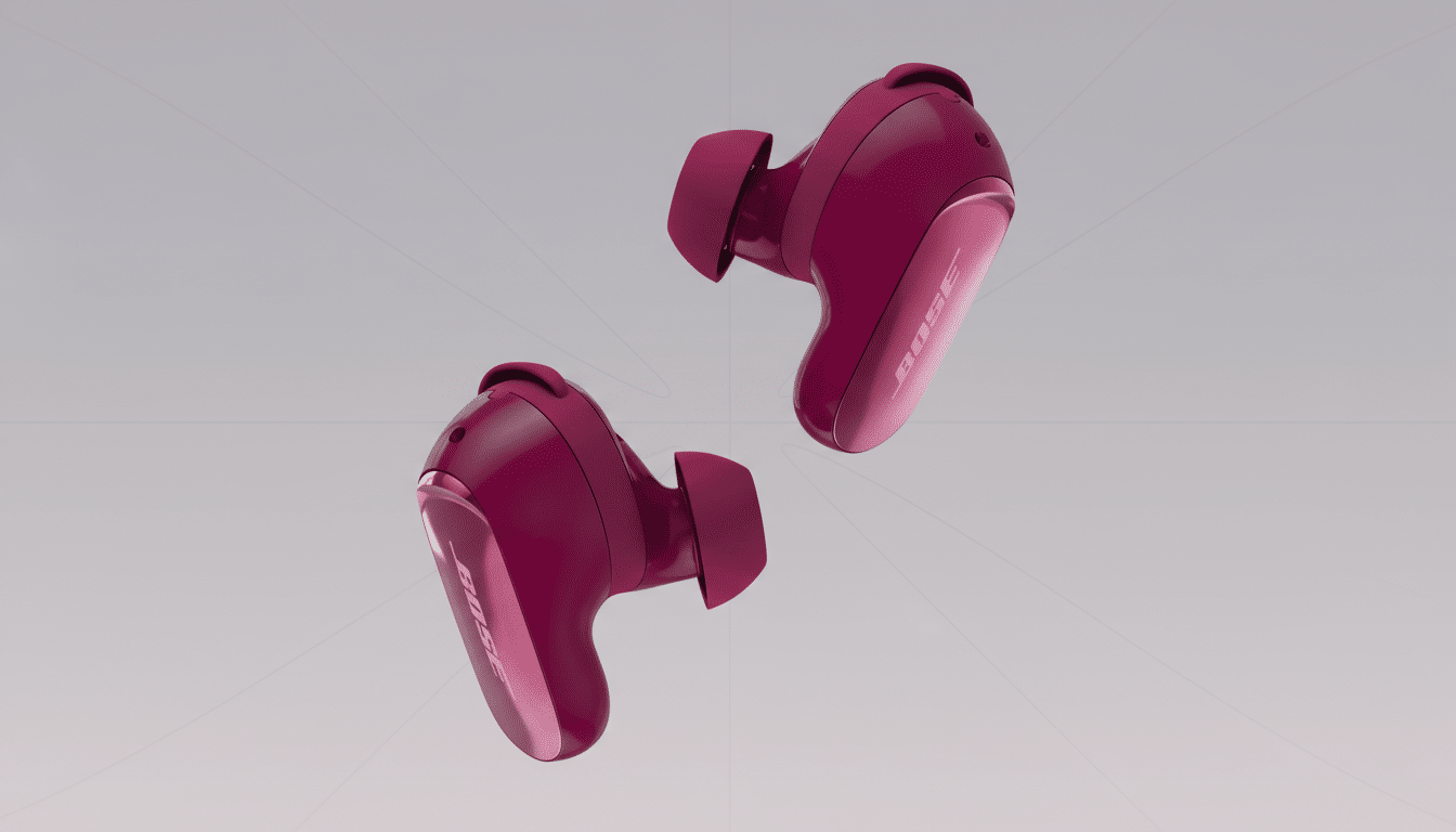 A pair of Bose QuietComfort Earbuds II in a deep magenta color, presented on a professional light gray background with subtle geometric patterns, resized to a 16:9 aspect ratio.